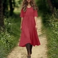 thumbnail image 2 of Xcmzpl Womens Linen Cotton Dresses Solid Short Sleeves Madi Casual Dress Crew Neck Tunic Sundress for Travel Vacation Vestido de Fiesta Red L, 2 of 10