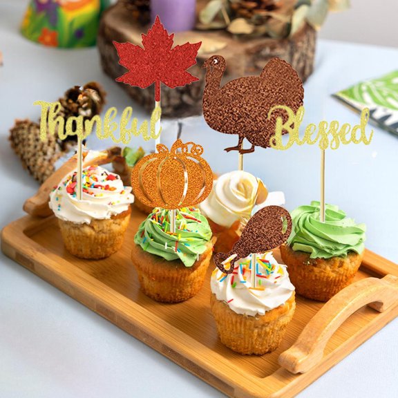 12-Pack Thanksgiving Cupcake Toppers - 3.14" Shimmer Pumpkin/Turkey Leg/Maple Leaf Inserts w/'Blessed' Accents, Paper Party Decor Multicolor