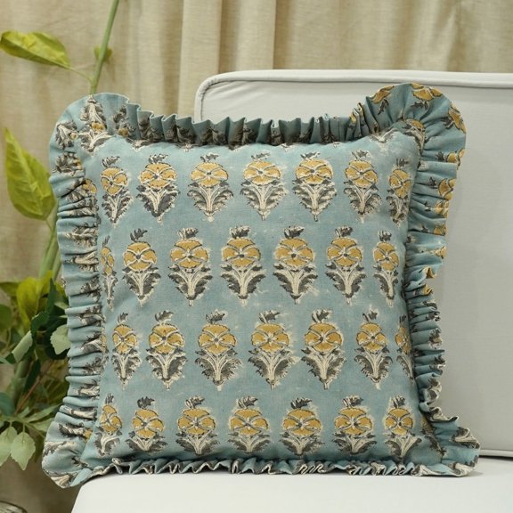 FABDIVINE- Frill pillow cover, hand block print cushion, floral decorative handmade pillow, boho home decor, sofa pillow - MORMUKUT, 12"X20"