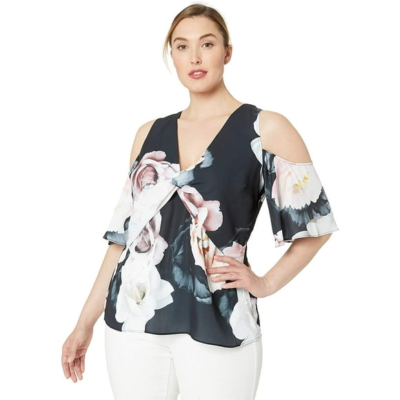 City Chic Womens Plus Floral V-Neck Blouses, Black, 20W