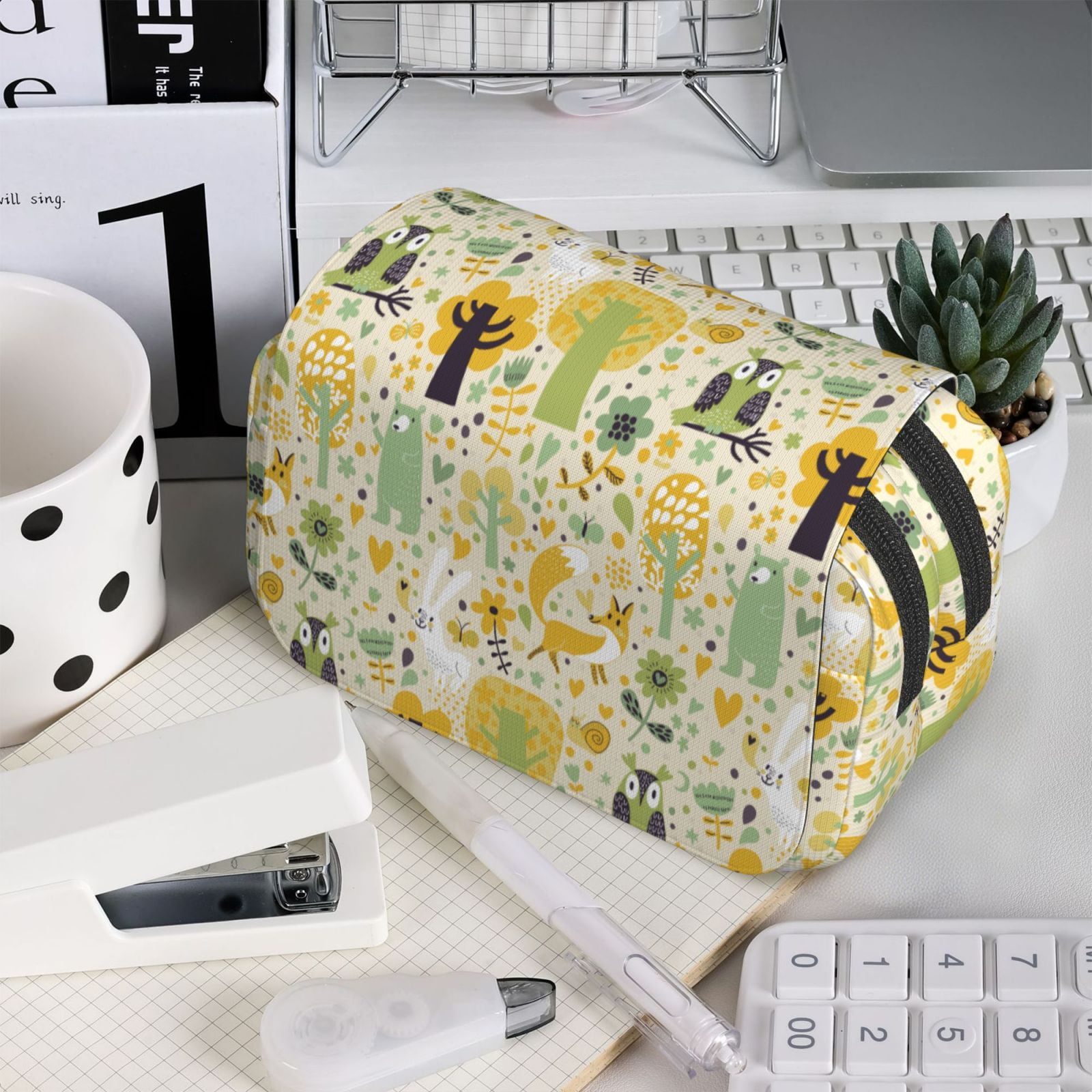 Rateoe Animal Tree Pattern Double Clamshell Pen Case, Storage Organizer with Two Zipper Compartments– Holds Up to 50 Pencils & Pens