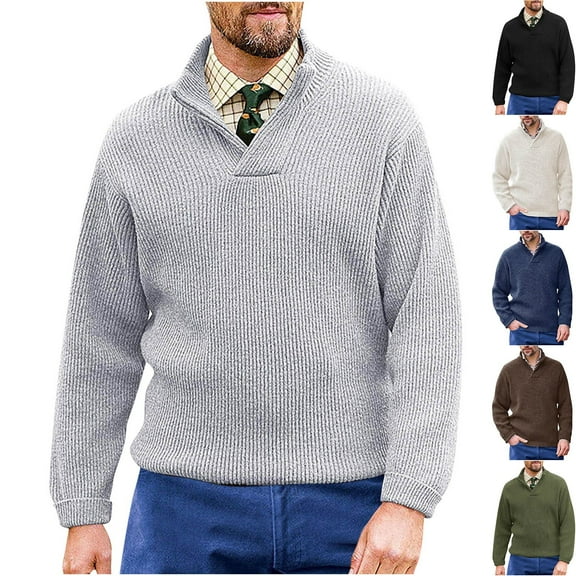 Xcmzpl Mens Stand Collar Pullover Sweater Big and Tall Cable Knitted Chunky Winter Solid Buttons Twisted Thermal Sweaters
