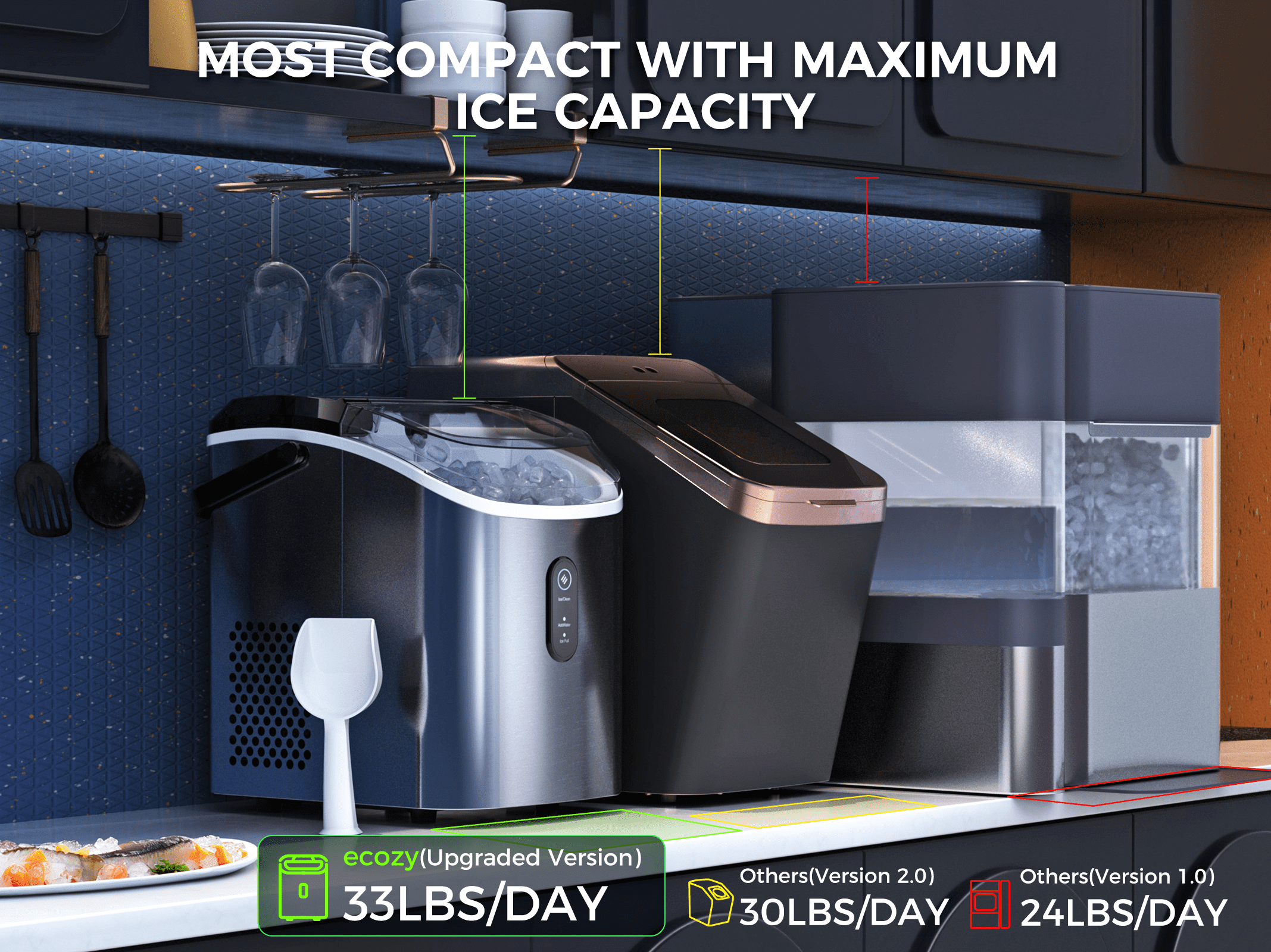 Ecozy Chillio Countertop Nugget Ice Maker, 33lbs/day, Self-Cleaning, Portable Ice Makers Machine with Bag & Scoop for Kitchen, RV, Parties