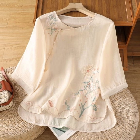 Women's 3/4 Sleeve Tops Plus Size Solid Embroidered Round Collar Summer Top