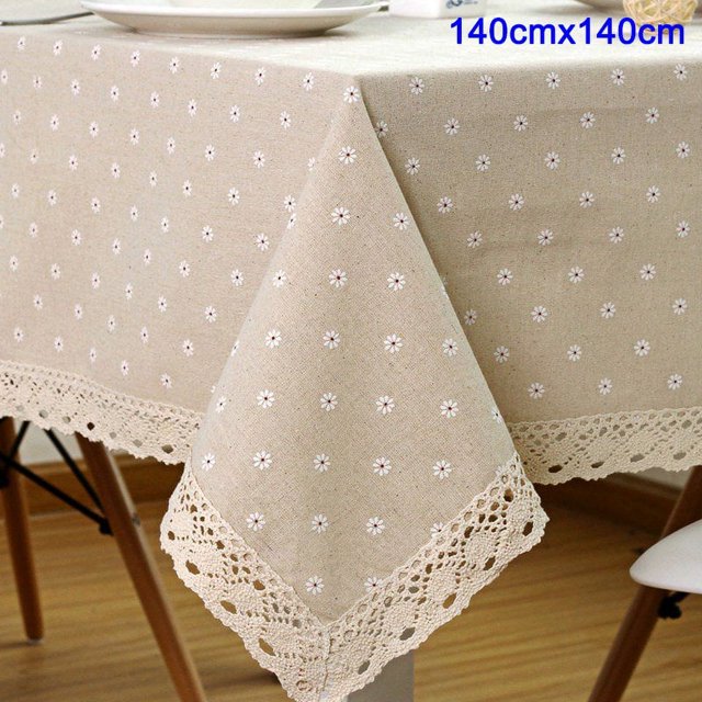 Flower Pattern Tablecloth Linen Cotton Table Cloth with Lace Dining Table Cover