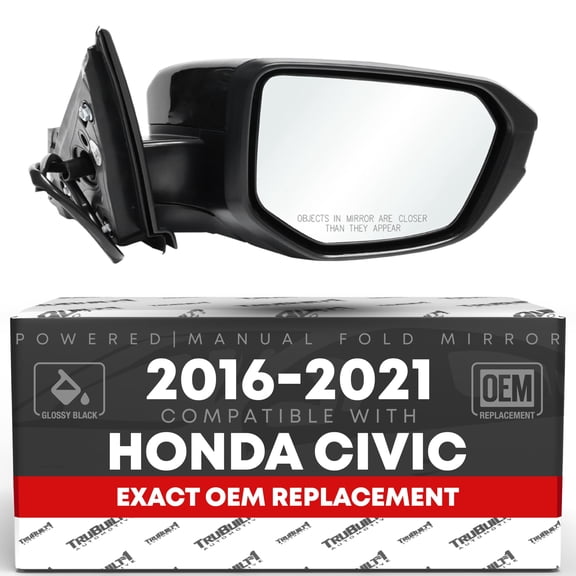Passenger Side Mirror Replacement - Compatible with 2016-2021 Honda Civic - Powered Adjustment, Manual Fold, Convex Glass - Smooth Black, 4H3P - OEM 76208TBAA02ZA, 76201TBAA11ZF, HO1321283