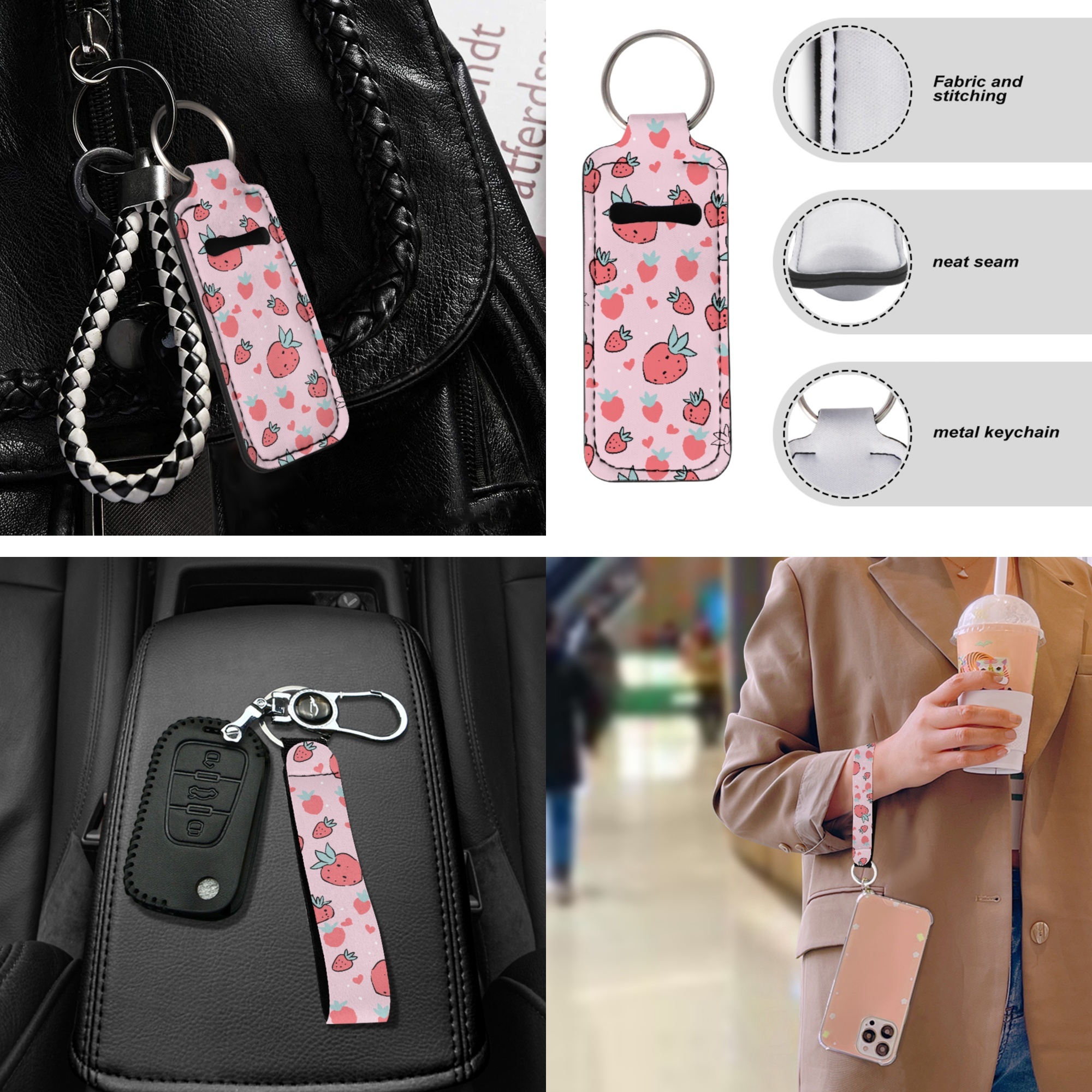 Jeiento Pink Strawberry Car Accessories Full Set for Women, Automotive Vehicle Seat Cover, Decorative Car Floor Mat Steering Wheel Cover Center Console Pad Universal Fit for SUV Van Truck Sedan