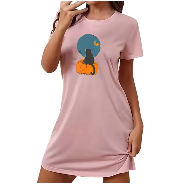 Sakmal Chemises de Nuit d'Halloween pour Femmes Grande Taille Légères Roses Extensibles Robe de Pyjama Courte Imprimé Chat Noir Col Rond Manches Courtes Chemises de Nuit P-2TG