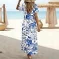 thumbnail image 4 of XUNKUSGA Boho Dresses for Women Fashion Floral Print Maxi Dress Casual Cotton V Neck Short Sleeve Split Sun Dresses Women with Pockets for Beach,Blue,S, 4 of 7