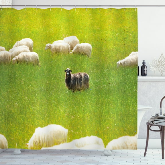 Ambesonne Nature Shower Curtain, Black Sheep White Goats, 69"Wx75"L, Fern Green Cream