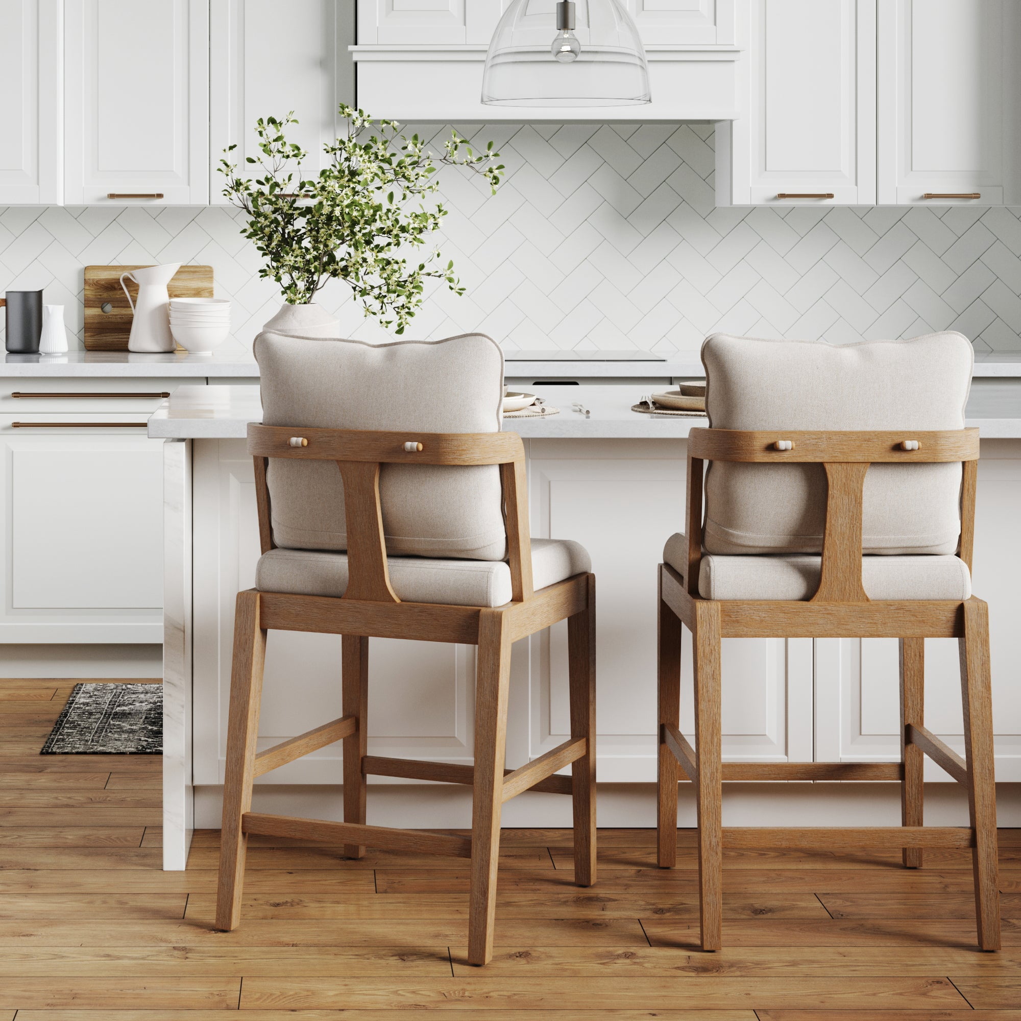 Nathan James Chuck Scandinavian 2-Pack Natural Flax Upholstered Bar Stools, Solid Wood Bar Stools with Back and Backrest Pillow, Flax/Light Brown