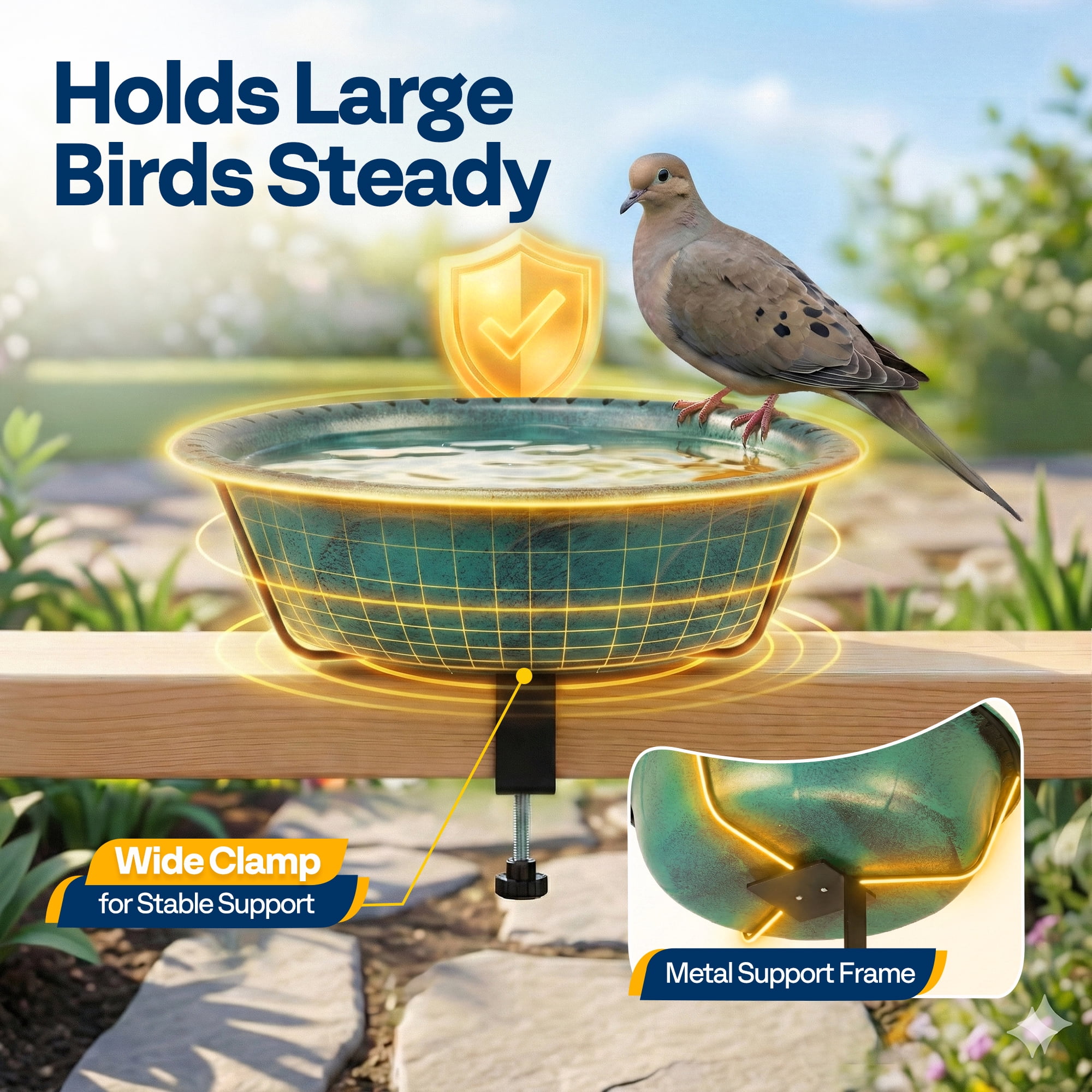 SPECSTAR Deck Mounted Bird Bath for Outside, Weather-Resistant ABS Bird Bath and Feeder with Adjustable Metal Clamp for Railing, Fence, Balcony, 1.45 Gallons, Green