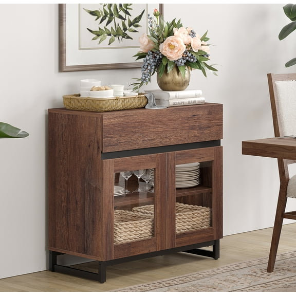 WAMPAT Modern Sideboard Buffet Cabinet with Glass Door & 1 Drawer, Adjustable Shelf Credenza, Coffee Bar Storage Cabinet for Living Room & Kitchen