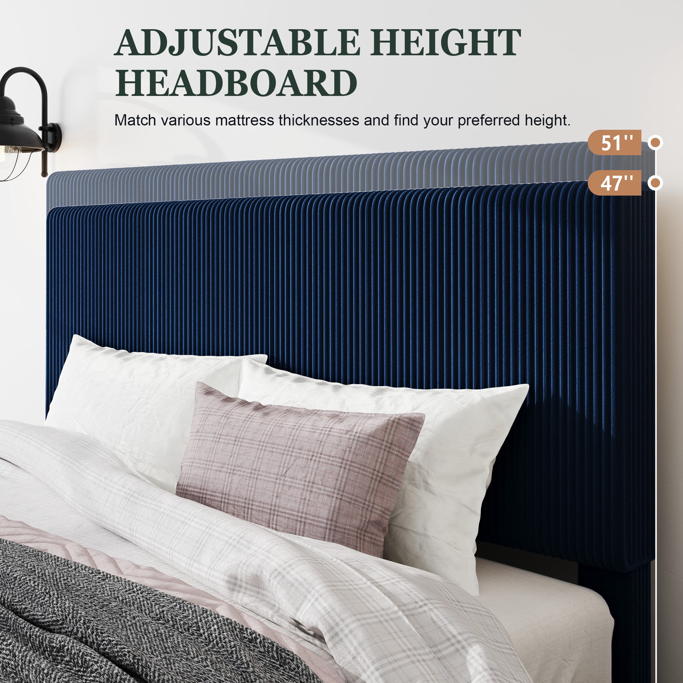Amolife King Size Platform Bed Frame with Corduroy Fabric Upholstered Adjustable Height Headboard, Dark Blue