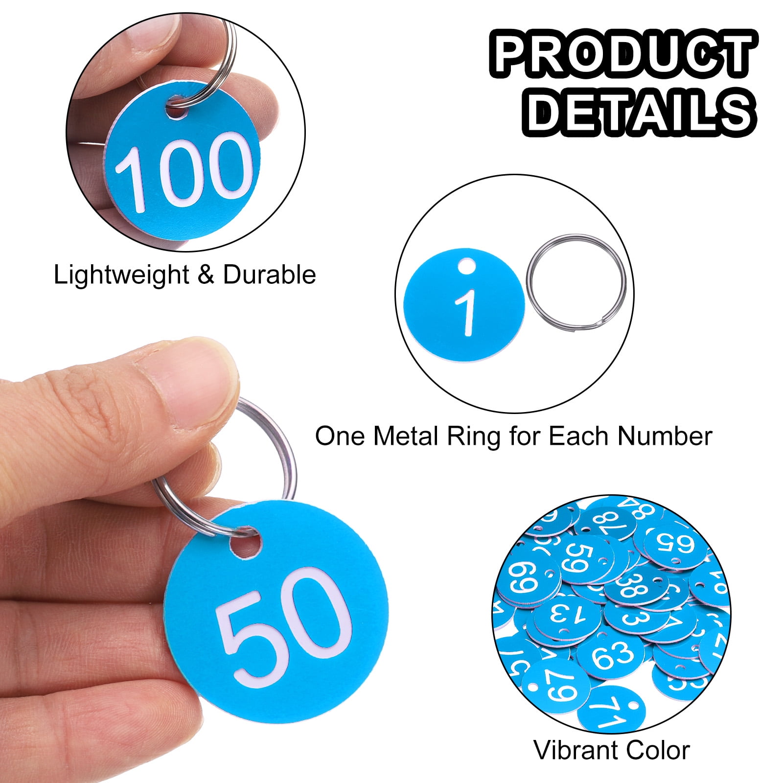 Uxcell Numbers Key Tags, 1-100 Plastic ID Hang Tag with Metal Ring Numbered Tags for Dormitory Key Chain Box Cabinet Lockers(Light Blue & White)