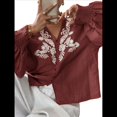 thumbnail image 3 of Camisas de Bordadas para Mujer, Blusa con Cuello en V y Mangas Abotonadas Vino Tinto L, 3 of 10