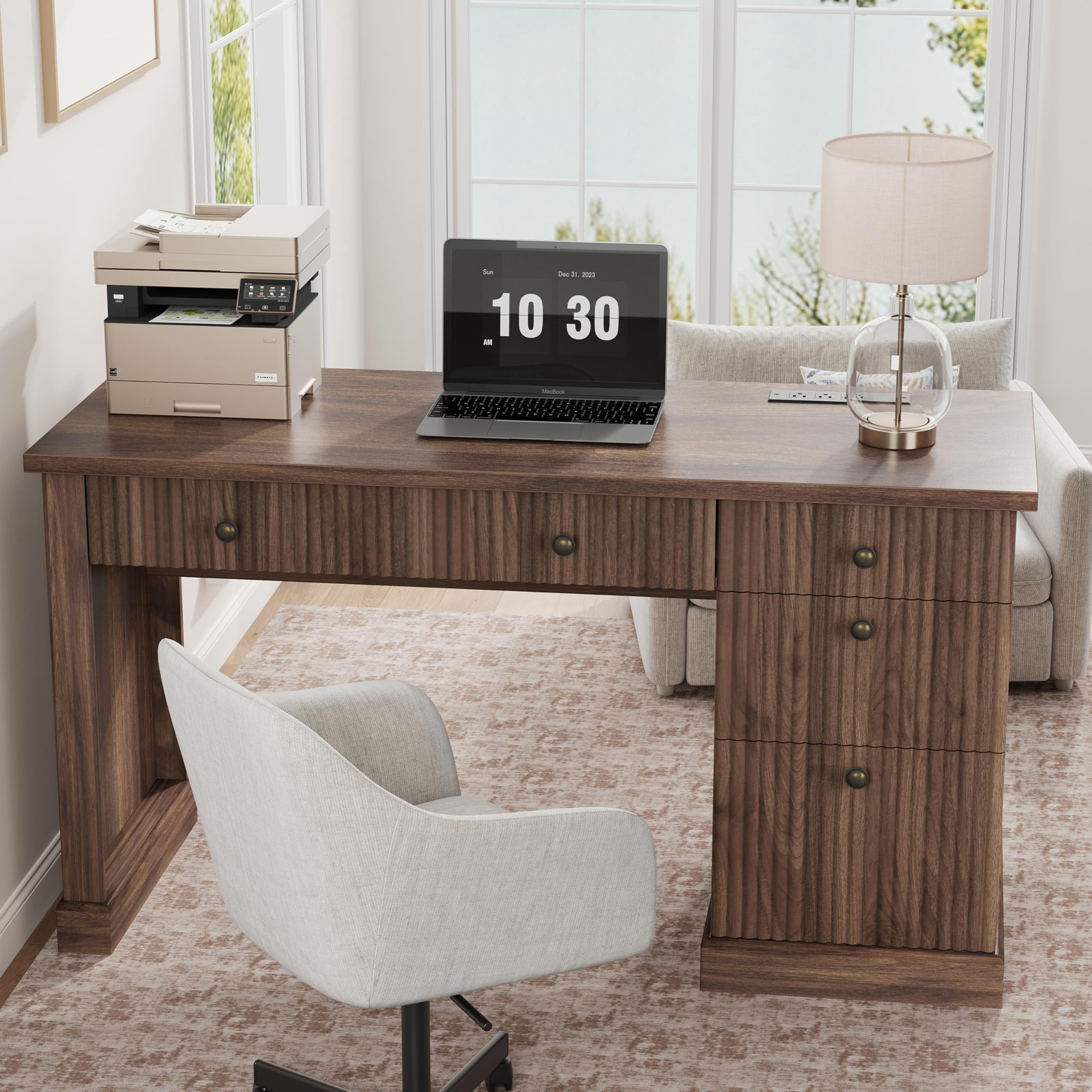EliteEdge 54" Fluted Executive Desk with File Drawers, Storage Cabinet & Charging Station, Modern Computer Table for Home Office,Brown