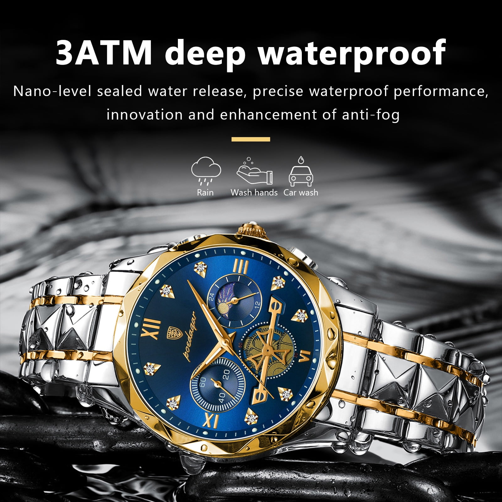 POEDAGAR Luxury Gold Man Wristwatch Waterproof Luminous Chronograph Stainless Steel Quartz Watches