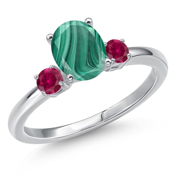 Gem Stone King 14K White Gold Green Malachite and Red Created Ruby Engagement Ring for Women | 2.28 Cttw | Oval 8X6MM | Gemstone Birthstone | Size 7
