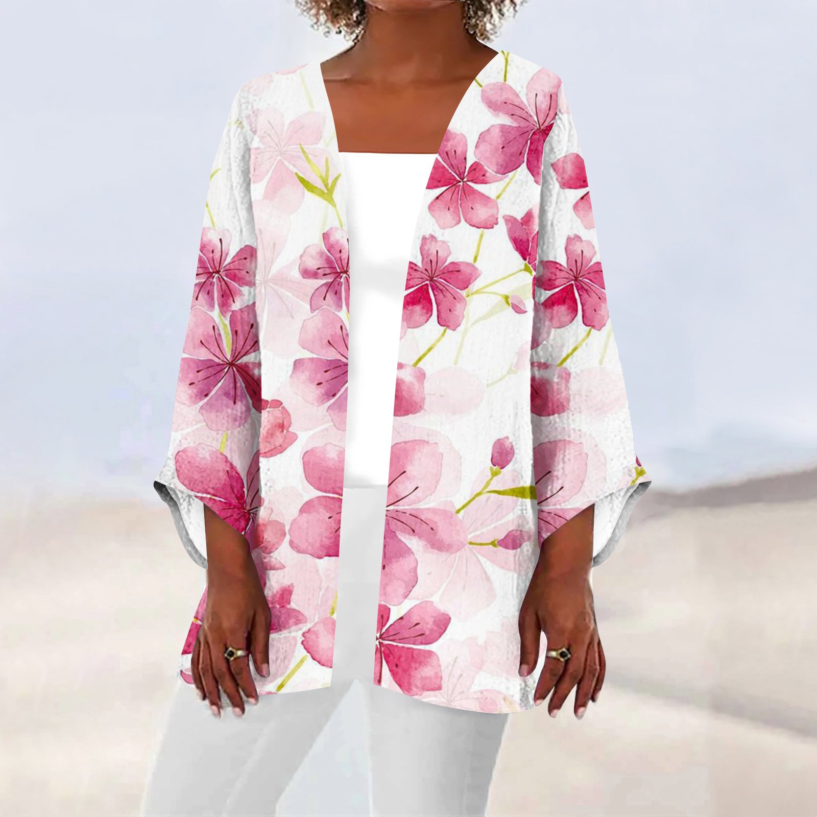 Phina Womens 2024 Floral Printed Cardigan 3/4 Sleeve Kimono Loose Cover ...