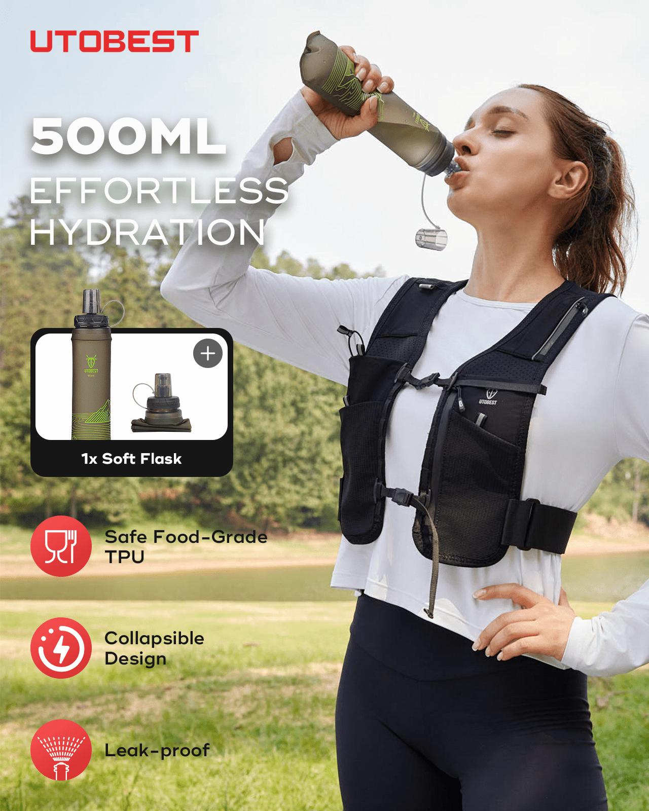 UTOBEST UTR113 Reflective Running Vest Hydration Pack Adjustable Phone Holder with 500ml Soft Flask and Led Light, L