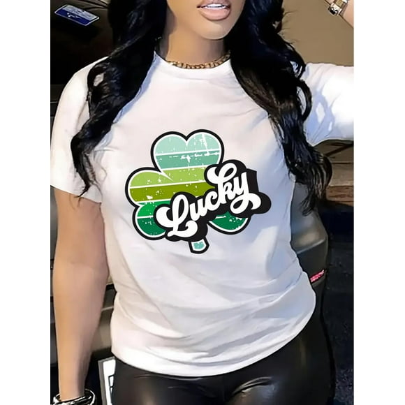 Women's St. Patrick's Day Lucky Clover Graphic Tee - Breathable & Sweat Absorbent, Soft Polyester Blend, Lightweight Casual Sporty T-Shirt with Vibrant Gradient Four-Leaf Clover Design, Machine Wash