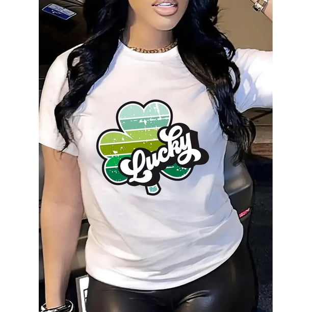 Women's St. Patrick's Day Lucky Clover Graphic Tee - Breathable & Sweat Absorbent, Soft Polyester Blend, Lightweight Casual Sporty T-Shirt with Vibrant Gradient Four-Leaf Clover Design, Machine Washa