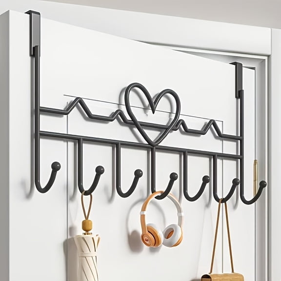 Over-the-Door Black Stainless Steel Hooks, Seamless Installation Door Back Hanger with 7 Hooks, White Over-the-Door Organizer Rack for Bathroom and Bedroom Clothes Storage