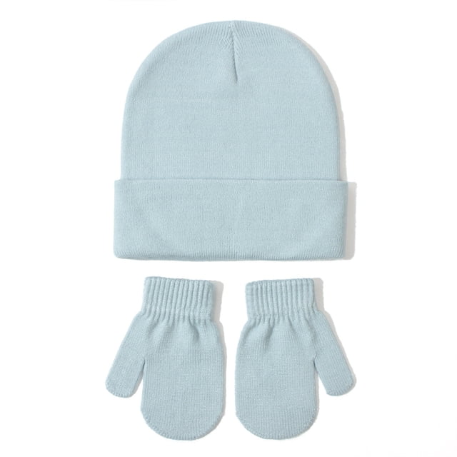 FAOWME Baby Knitted Hat And Glove Set Versatile Solid Color Fall Children Wool Pullover Hat Blue M