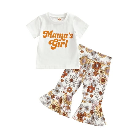 

Genuiskids Toddler Infant Baby Girl 2Pcs Set Round Neck Short Sleeve Lettering T-Shirt Matching Elastic Waist Floral Pattern Flared Pants 6M-4T