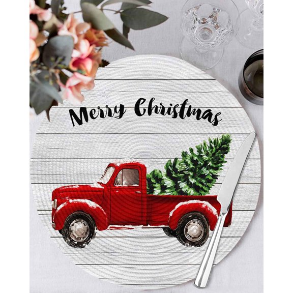 15 Inch Round Placemats Set of 6, Red Truck Christmas Non Slip Heat Insulation PP Table Mats, Xmas Tree Snowflake Grey Wooden Washable Place Mats for Kitchen Dining Party Table Decor