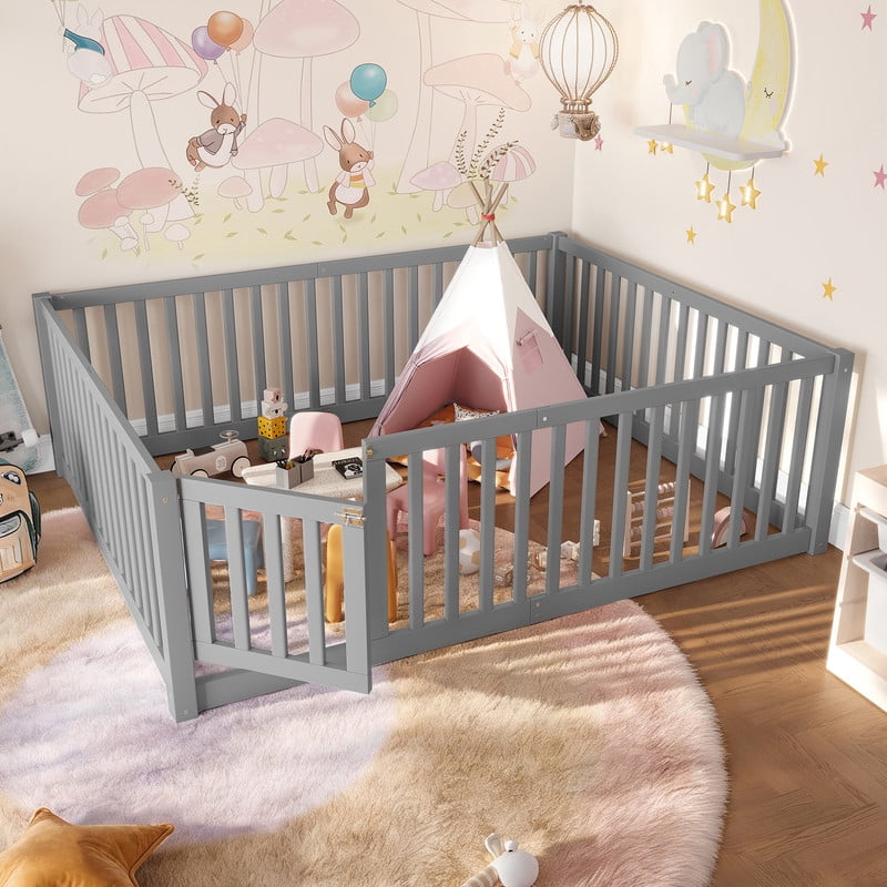 Bellemave Full Montessori Bed Frame, Wood Full Size Floor Bed with High Fence Rails, Full Beds Frame for Bedroom Playroom(Gray)