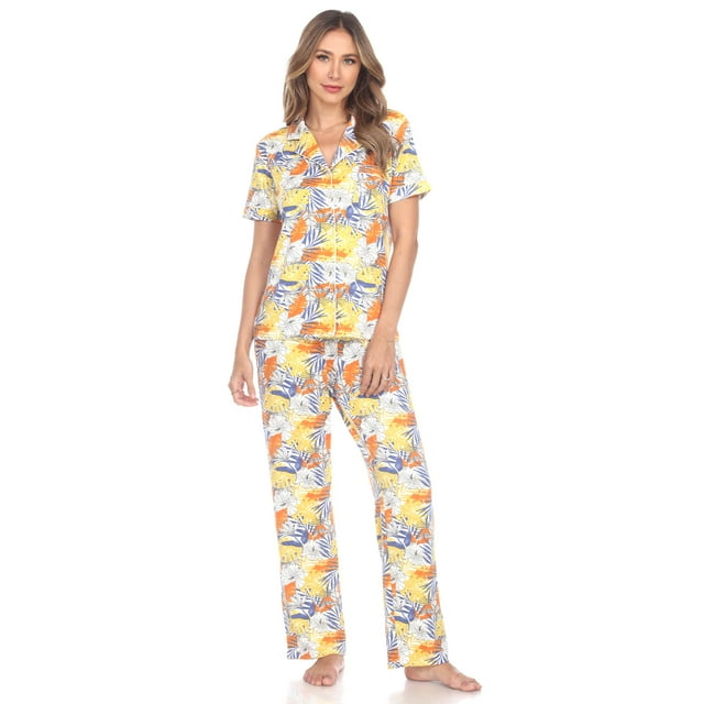 White Mark Women's Tropical Short Sleeve Button-Down Pajama Set