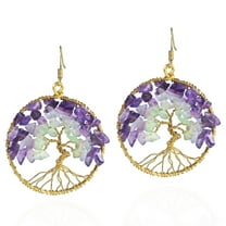 Eternal Tree of Life Purple Fluorite Green Quartz Stone Branch Brass Dangle Earrings