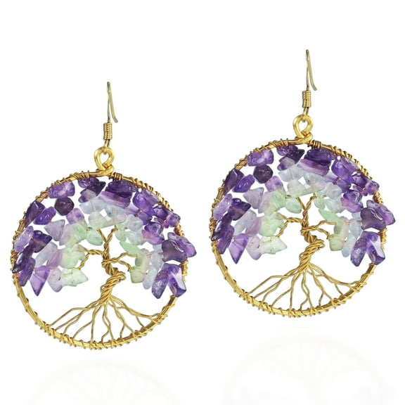 Eternal Tree of Life Purple Fluorite Green Quartz Stone Branch Brass Dangle Earrings