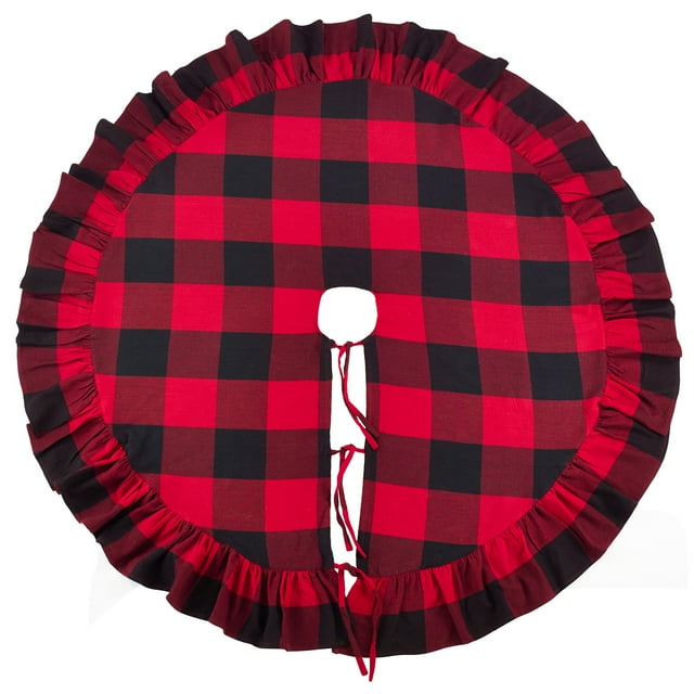 SARO LIFESTYLE Birmingham Collection Buffalo Plaid Ruffle Design Cotton Christmas Tree Skirt, 72", Red