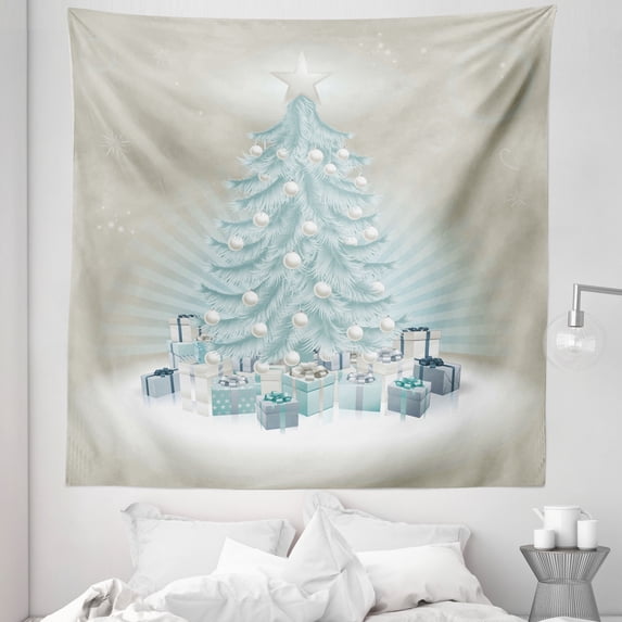 Christmas Tapestry, Merry Xmas Themed Fir Tree with Ornate Tree Topper and Baubles, Fabric Wall Hanging Decor for Bedroom Living Room Dorm, 5 Sizes, Mint Green Slate Blue, by Ambesonne