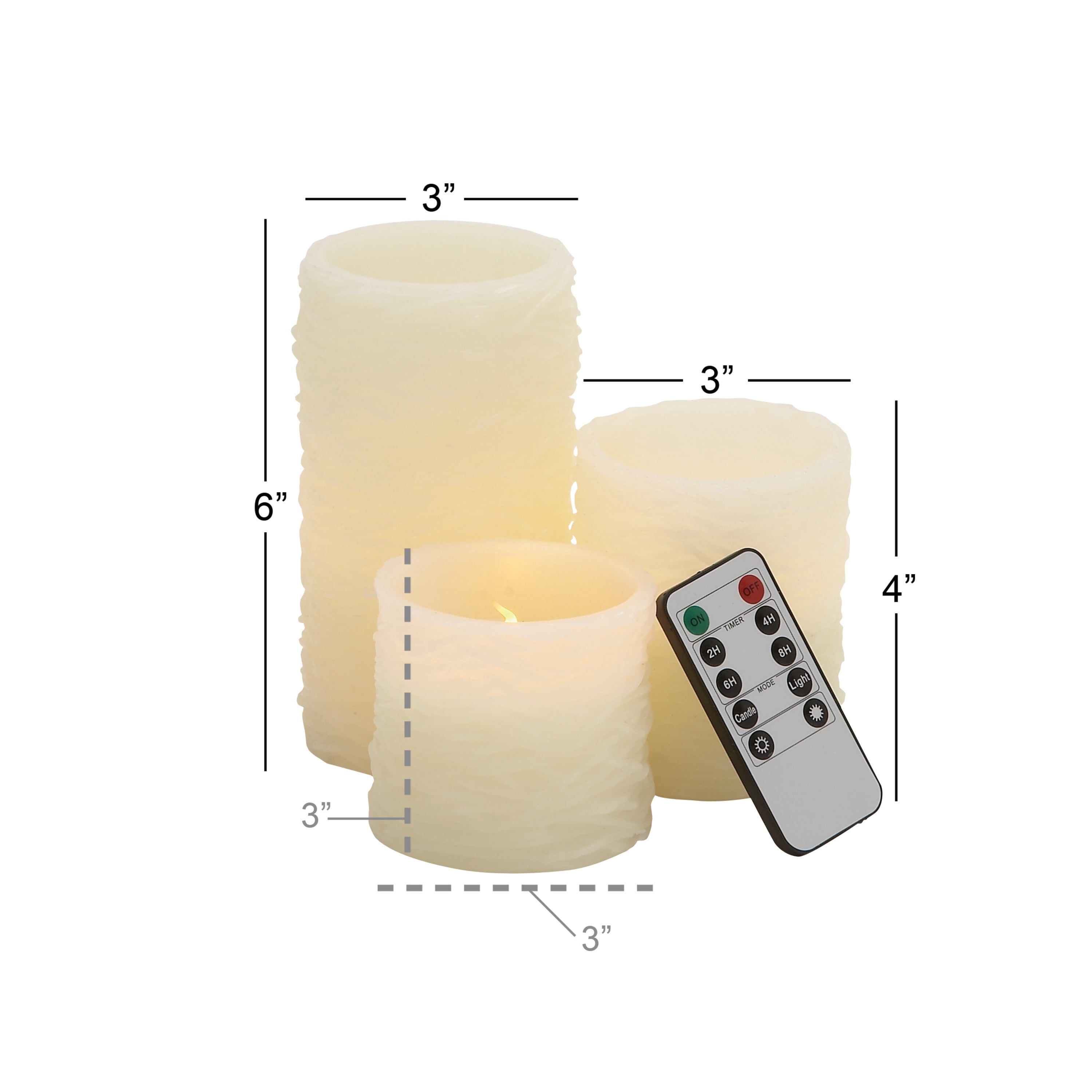 DecMode Cream Wax Textured Indoor Outdoor Flameless Candle with Remote Control, Set of 3 6", 4", 3"H