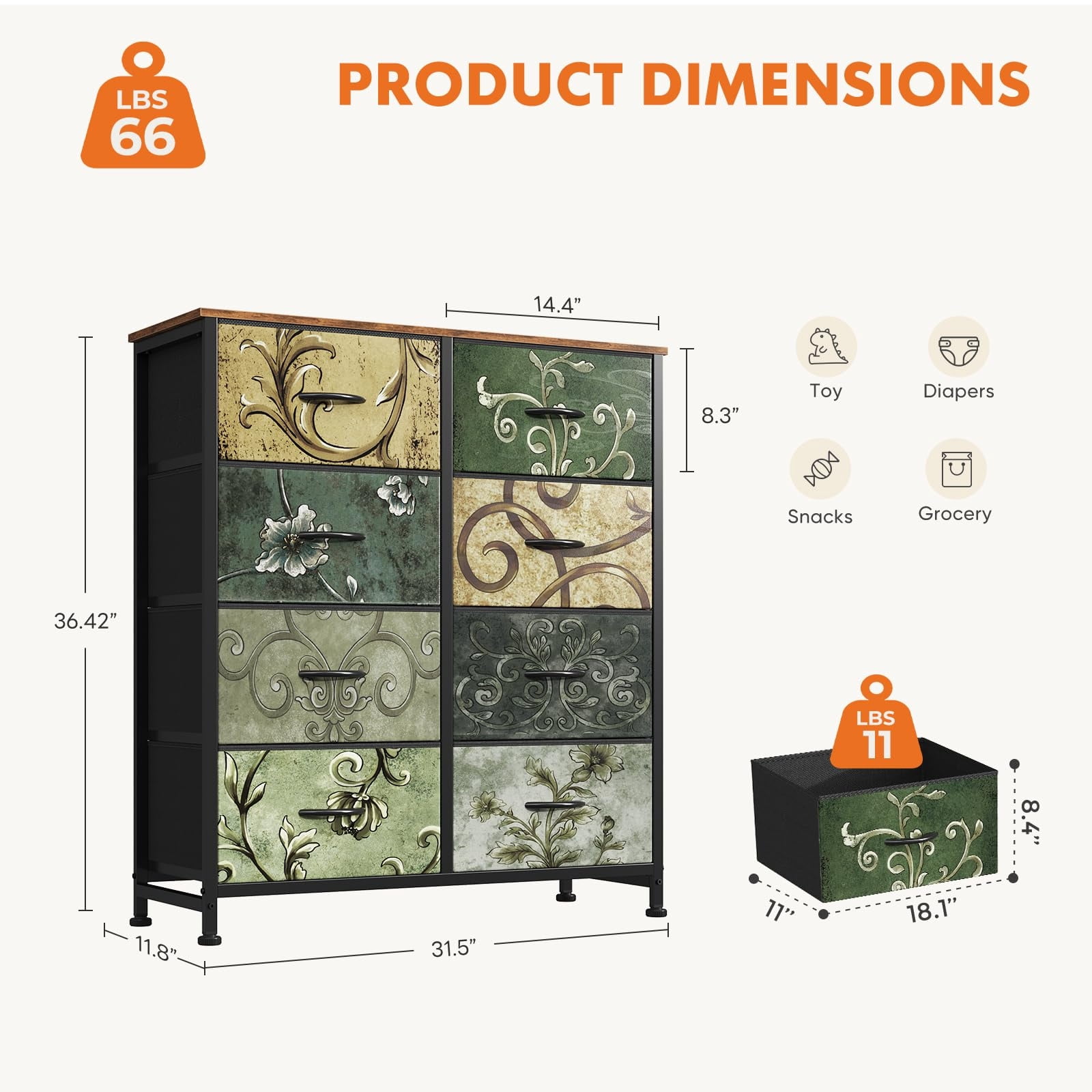 Telyra 8-Drawer Fabric Dresser Tall Storage Tower with Wood Top and Steel Frame Bedroom Closet Organizer, Floral Painted