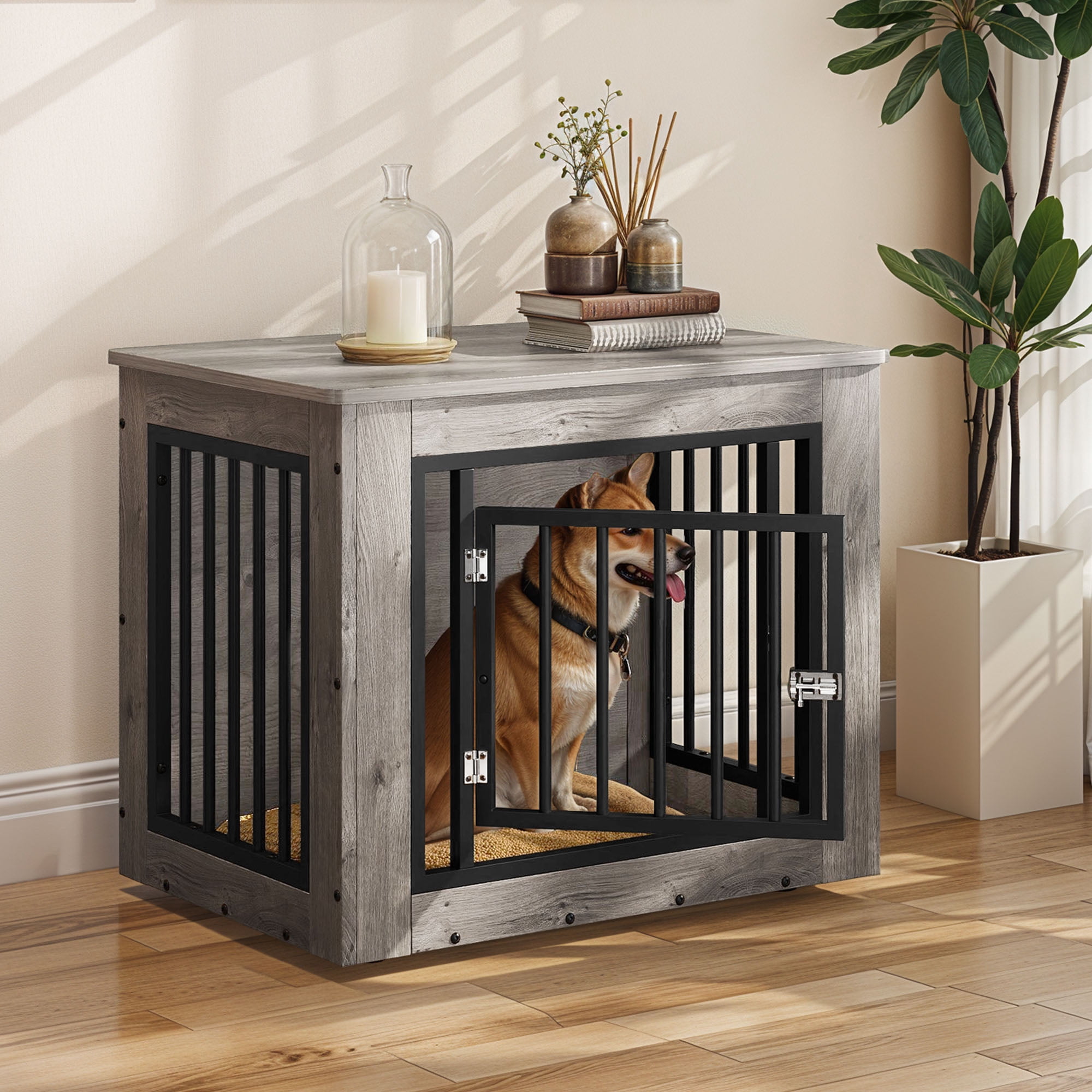 ModFusion Small Gray Iron-Wood Dog Crate Furniture, Indoor Kennel with End Table Design, Secure Front Door & Top Storage Shelf, for Dogs up to 35 lbs