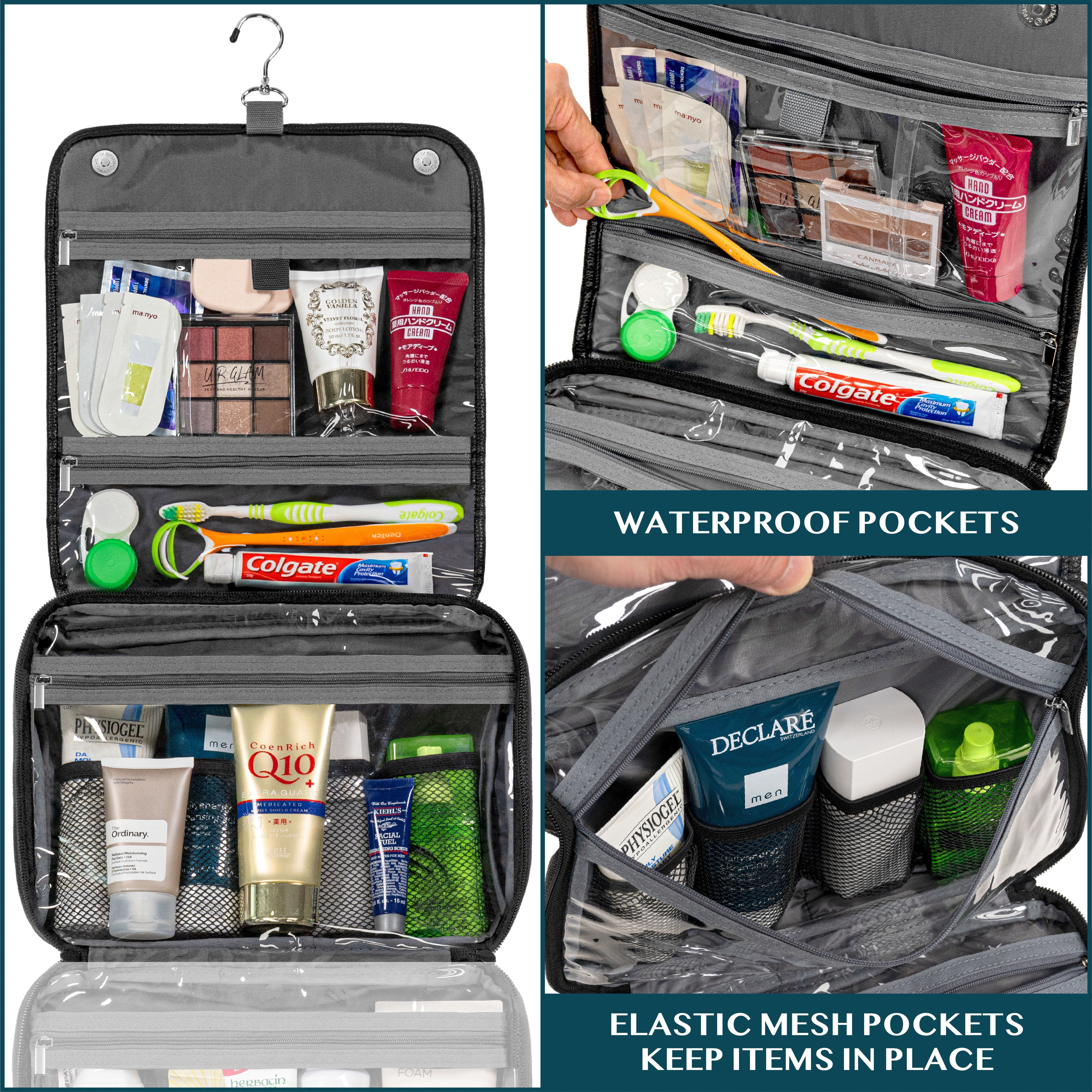 PAVILIA Hanging Toiletry Bag Women Men, Foldable Cosmetic Organizer Travel Bag, Water Resistant Makeup Bag Toiletries, Large Travel Essentials Kit (Black)