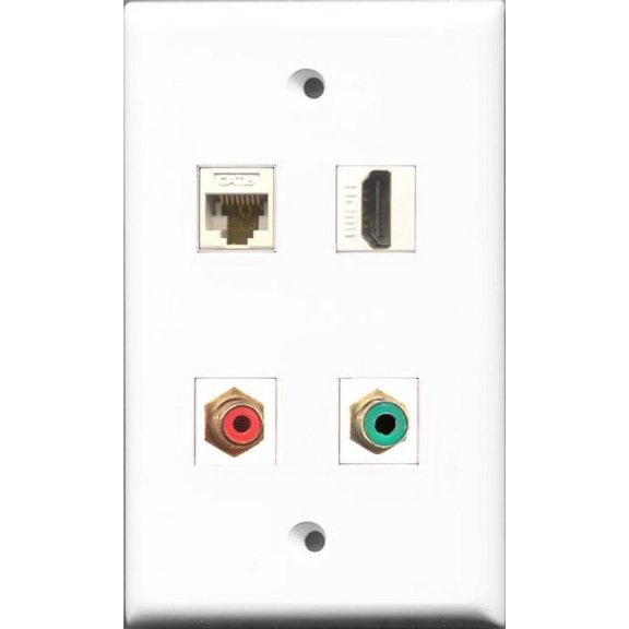 RiteAV 1 Port HDMI and 1 Port RCA Red and 1 Port RCA Green and 1 Port Cat6 Ethernet White Wall Plate