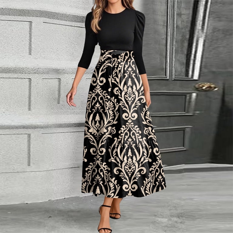 UOCEFIK Long Floral Dresses for Women 2025 Elegant Boho Tie Belted Patchwork Empire Waist 3/4 Sleeve Modest Flowy Maxi Dress, Beige XXL
