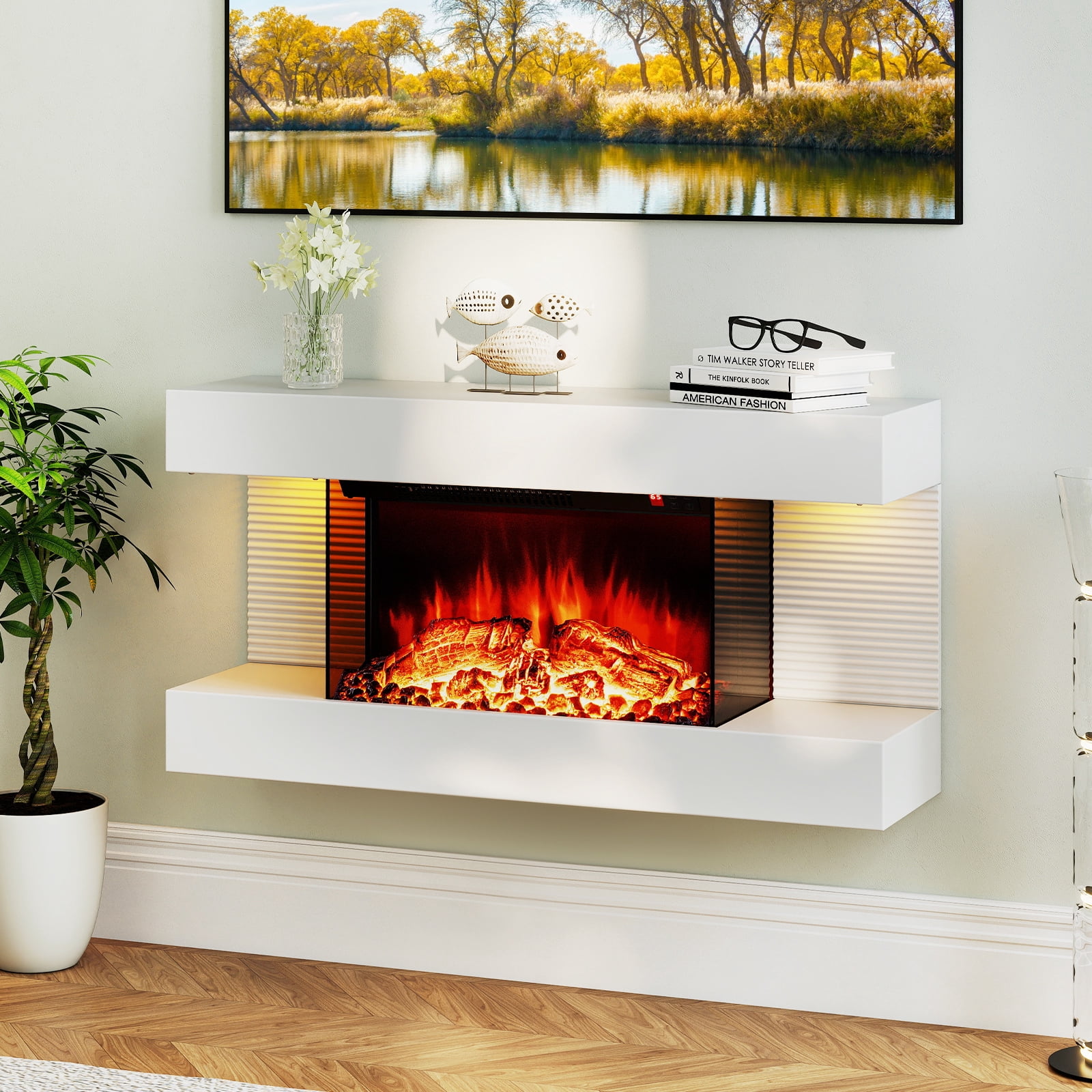 Gymax 18'' Electric Fireplace w/ 32'' Floating Mantel 12-Color Dimmable Flame 8H Timer