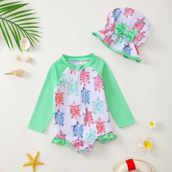 Hifoo Kids Girls Swimwear Baby Toddler Long Sleeve Bathing Suit With Hat Cute Fashion Beach Outfit Cute Vacation Pool Summer Beachwear