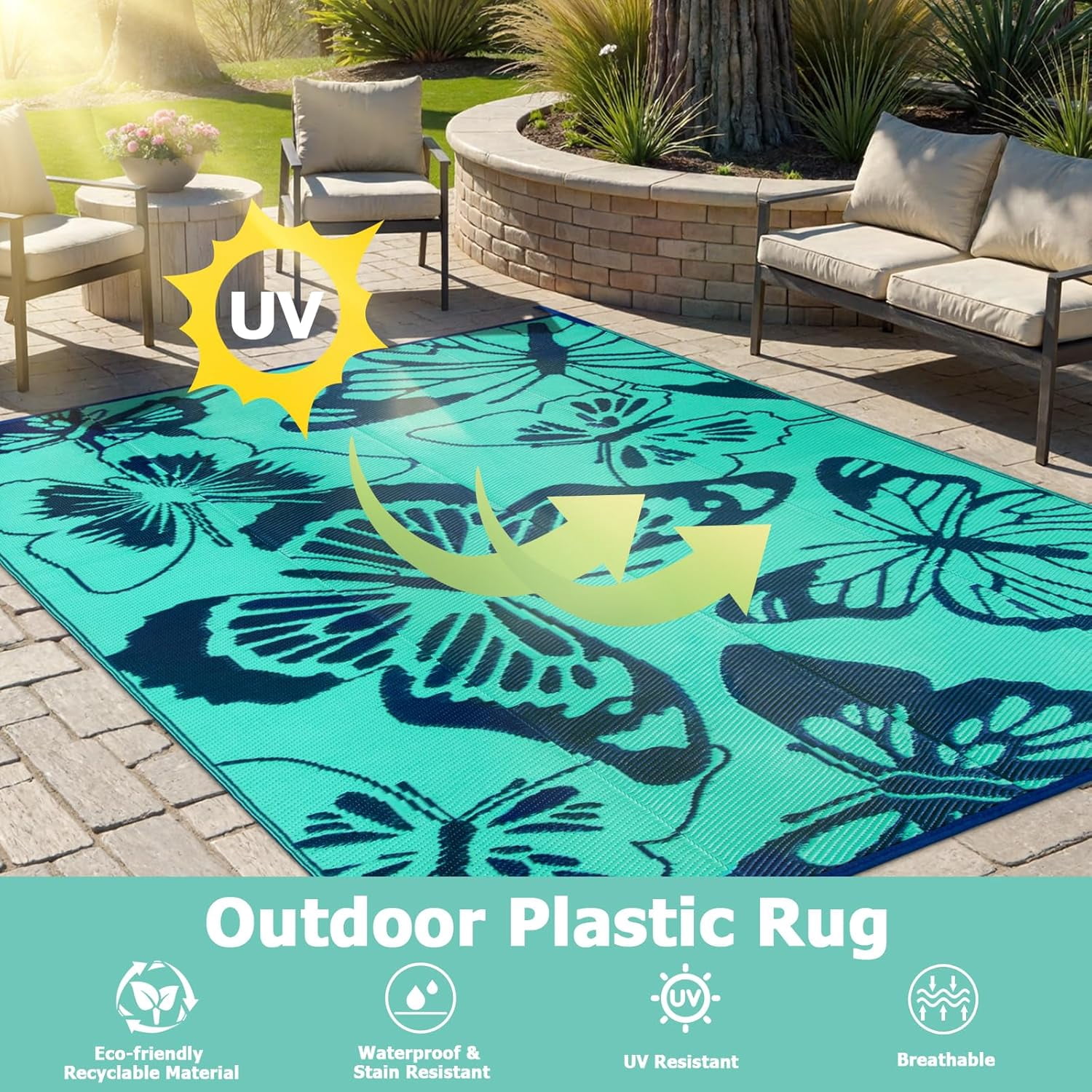 Wonnitar 6x9 Butterfly Outdoor Rug Waterproof, Washable Rugs for Outside, Plastic Foldable Teal Indoor Outdoor Carpet for Patio Balcony