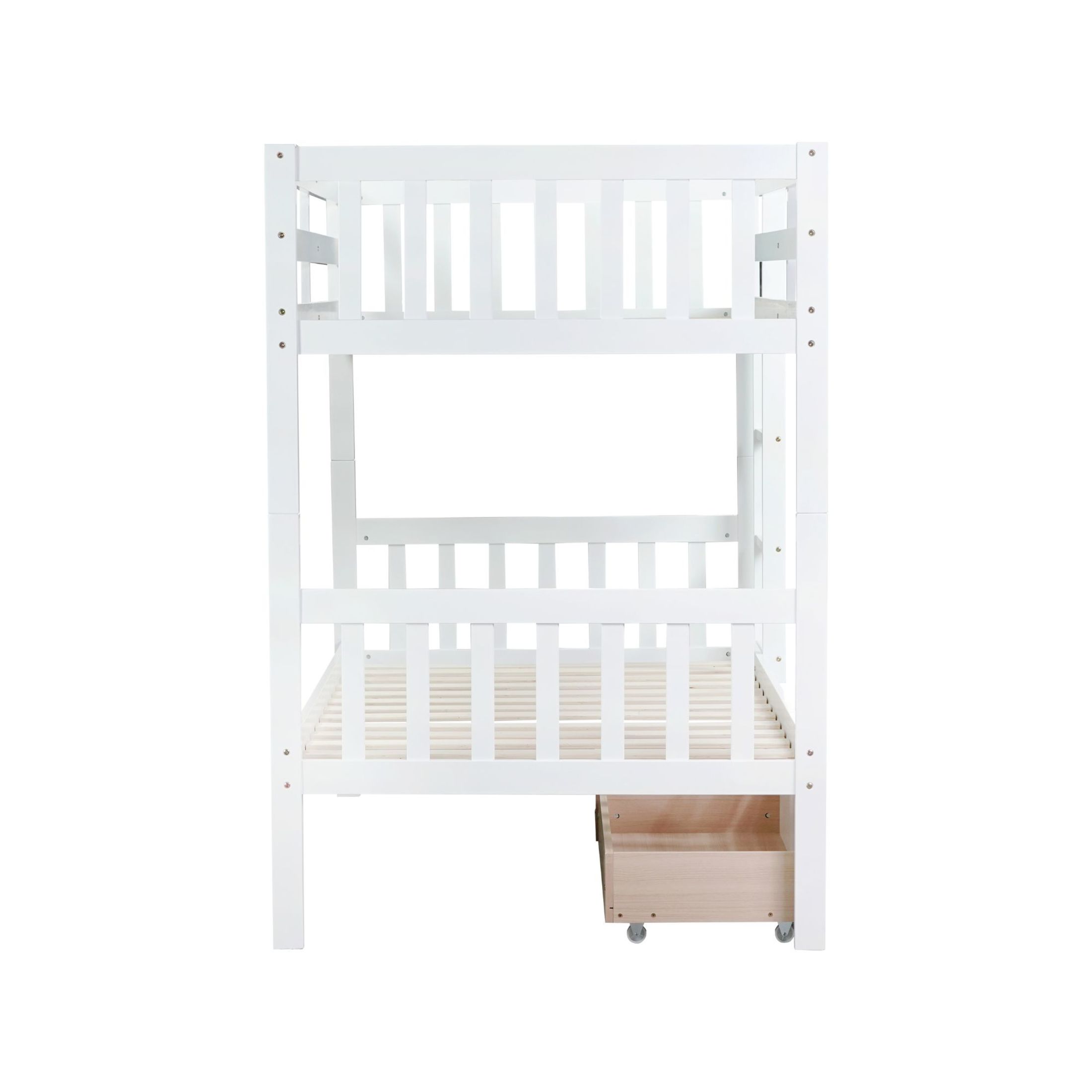 Noble House Twin Over Twin Rubber Wood Bunk Bed, Convertible Design with Ladder, Guardrails and Storage Drawers, White