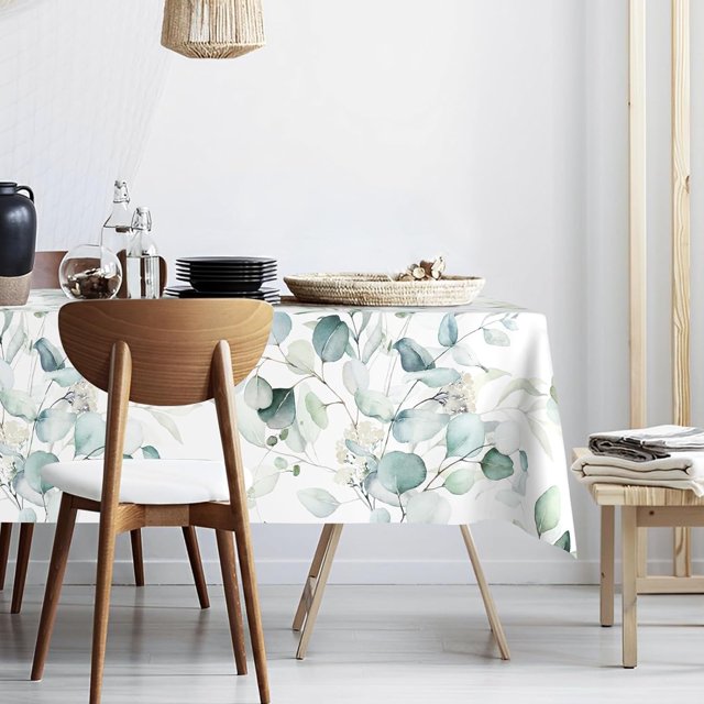 Sage Green Eucalyptus Leaves Fabric Waterproof Tablecloth,Rectangle Watercolor Wrinkle Oil-Proof Resistant Table Cover for Dining Table, Buffet Parties and Camping, Mint Color(60" x 120")