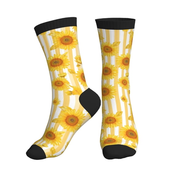 Crew Socks for Women Men Athletic - Yellow White Striped Sunflower Soft Comfort Breathable Mid-Calf Sole Running Socks Womens Men