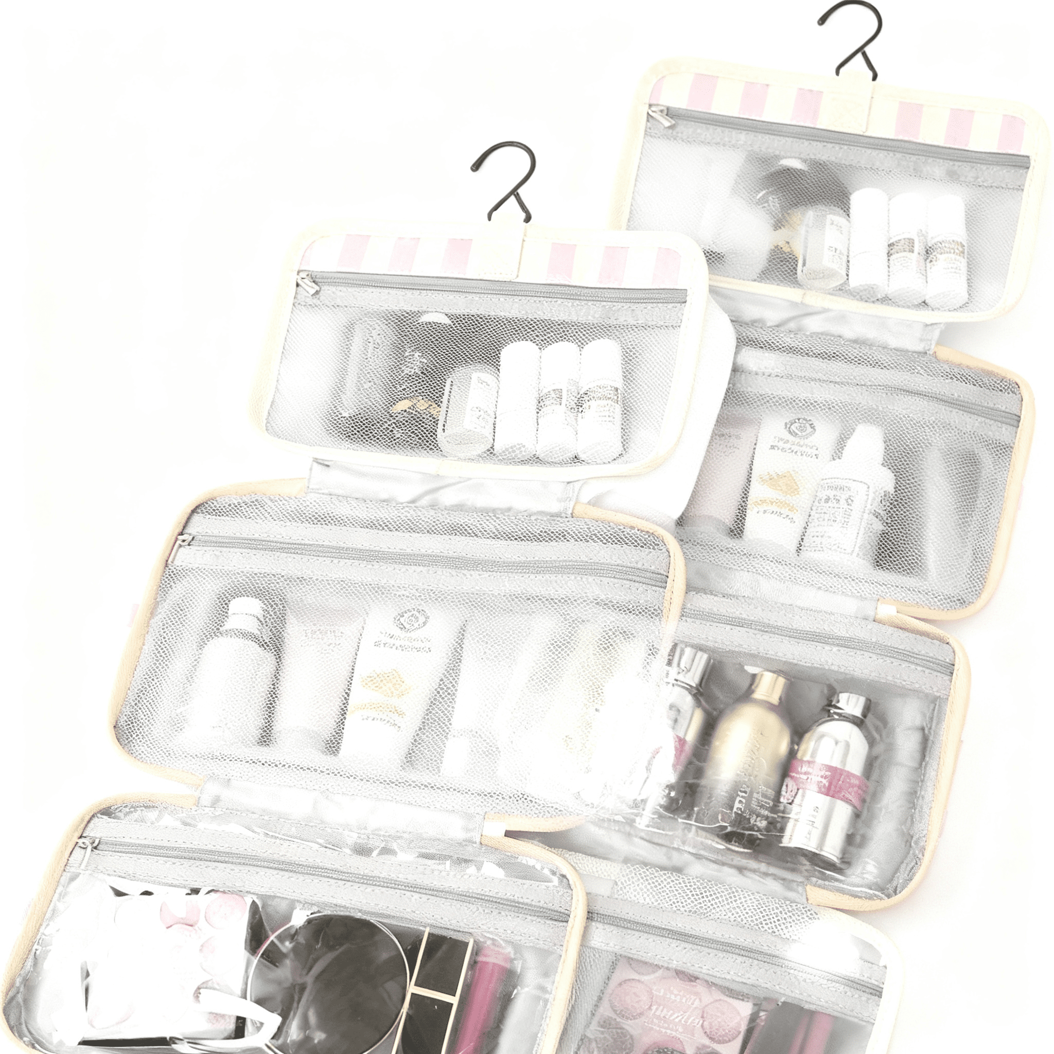 Blue Pink Foldable Hook Toiletry Storage Bag, Waterproof Multi Compartment Handheld Skincare And Makeup Bag